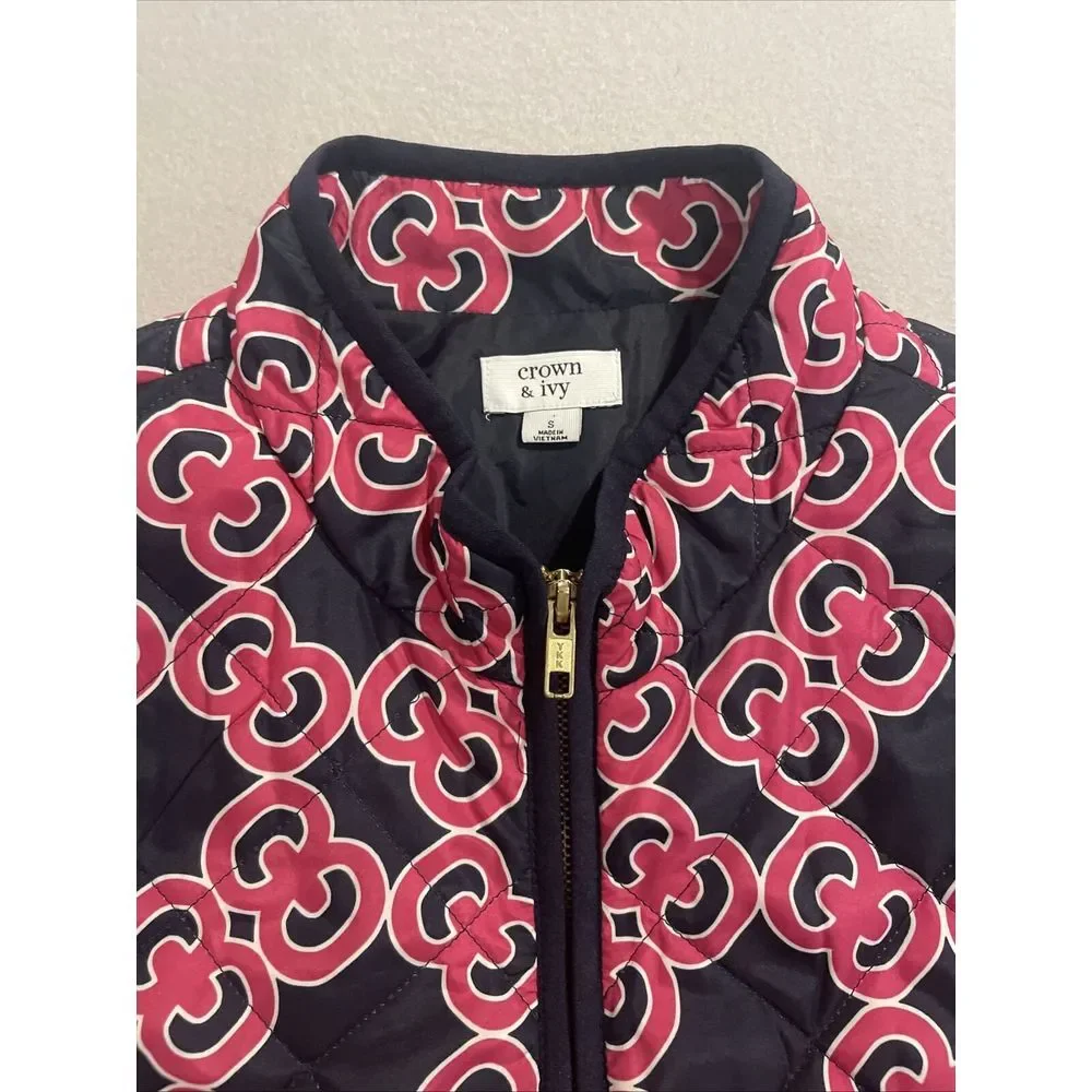 Crown & Ivy SMALL Navy Blue/Pink Puffer Vest  Zipper Pockets EXCELLENT Fast Ship